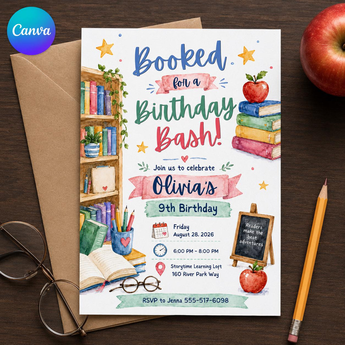 Library Book 9th Birthday Invitation — editable Canva template