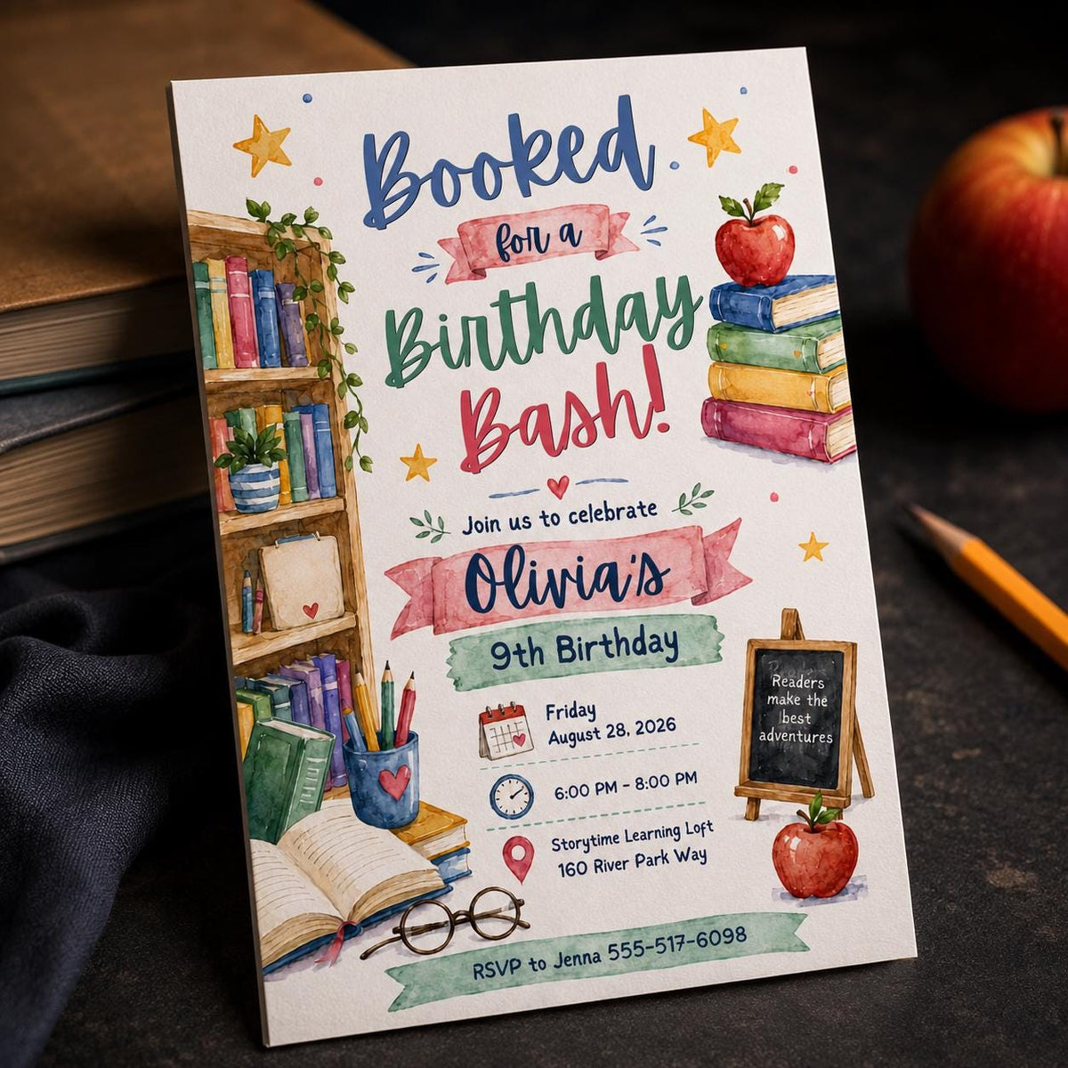 Library Book 9th Birthday Invitation — print-ready 9th birthday party design from VoltBy