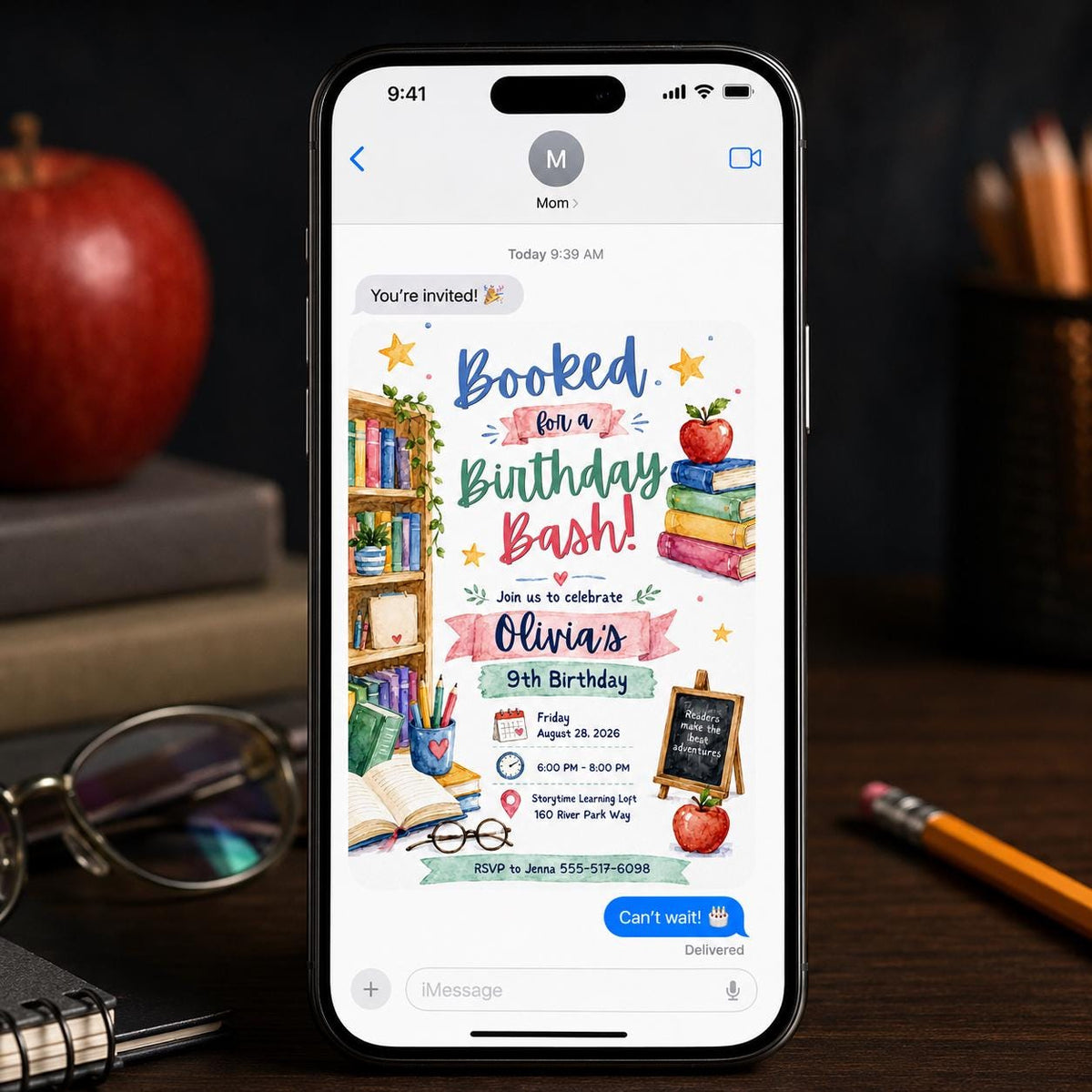 Library Book 9th Birthday Invitation — digital invitation, instant download