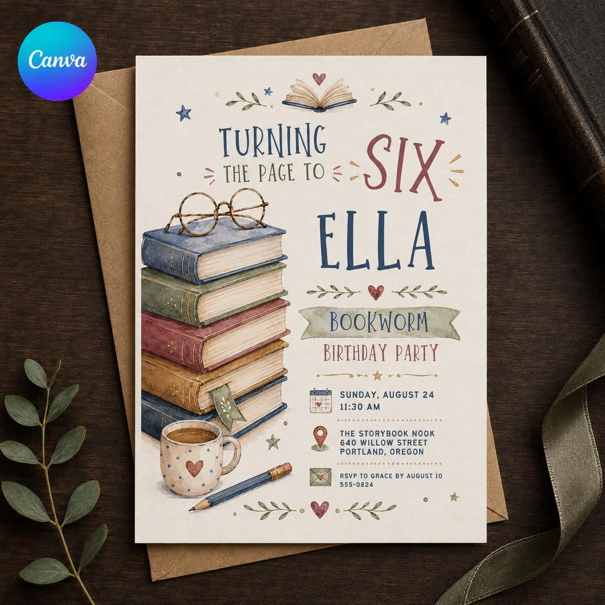 Library Bookworm 6th Birthday Invitation — editable Canva template