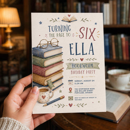 Library Bookworm 6th Birthday Invitation — print-ready 6th birthday party design from VoltBy