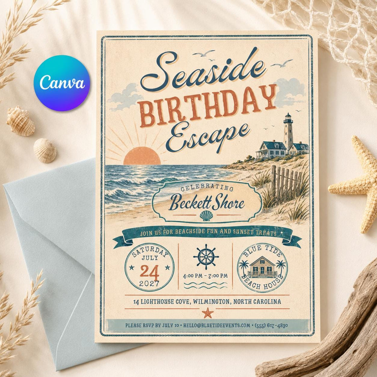 Lighthouse Beach Birthday Invitation — editable Canva template