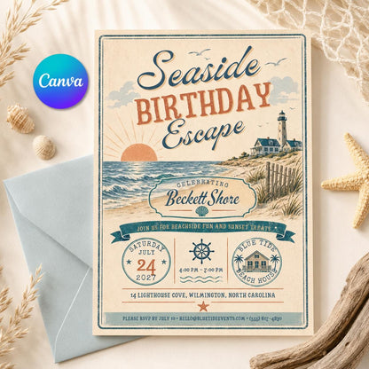 Lighthouse Beach Birthday Invitation — editable Canva template