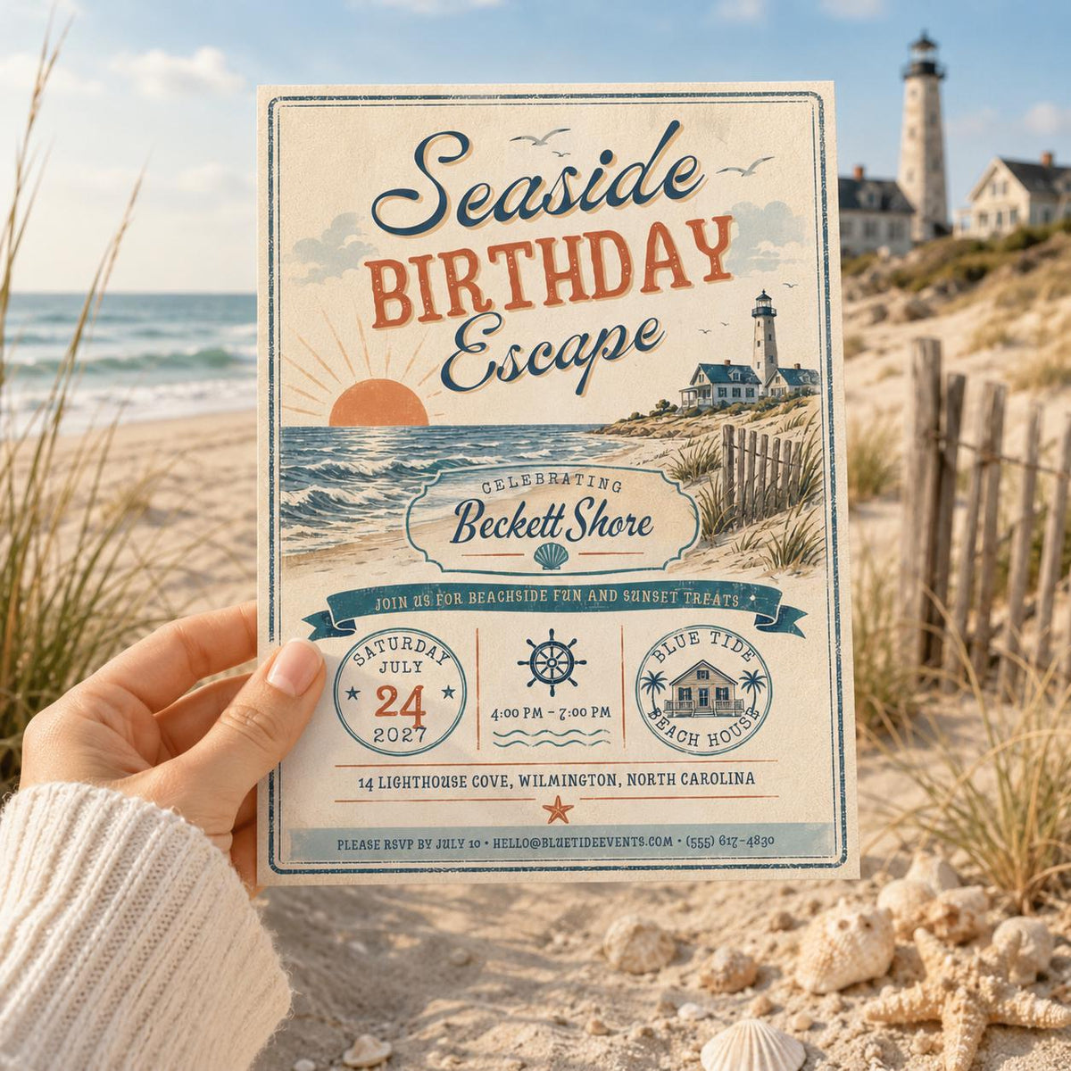 Lighthouse Beach Birthday Invitation — invitation you personalize in Canva