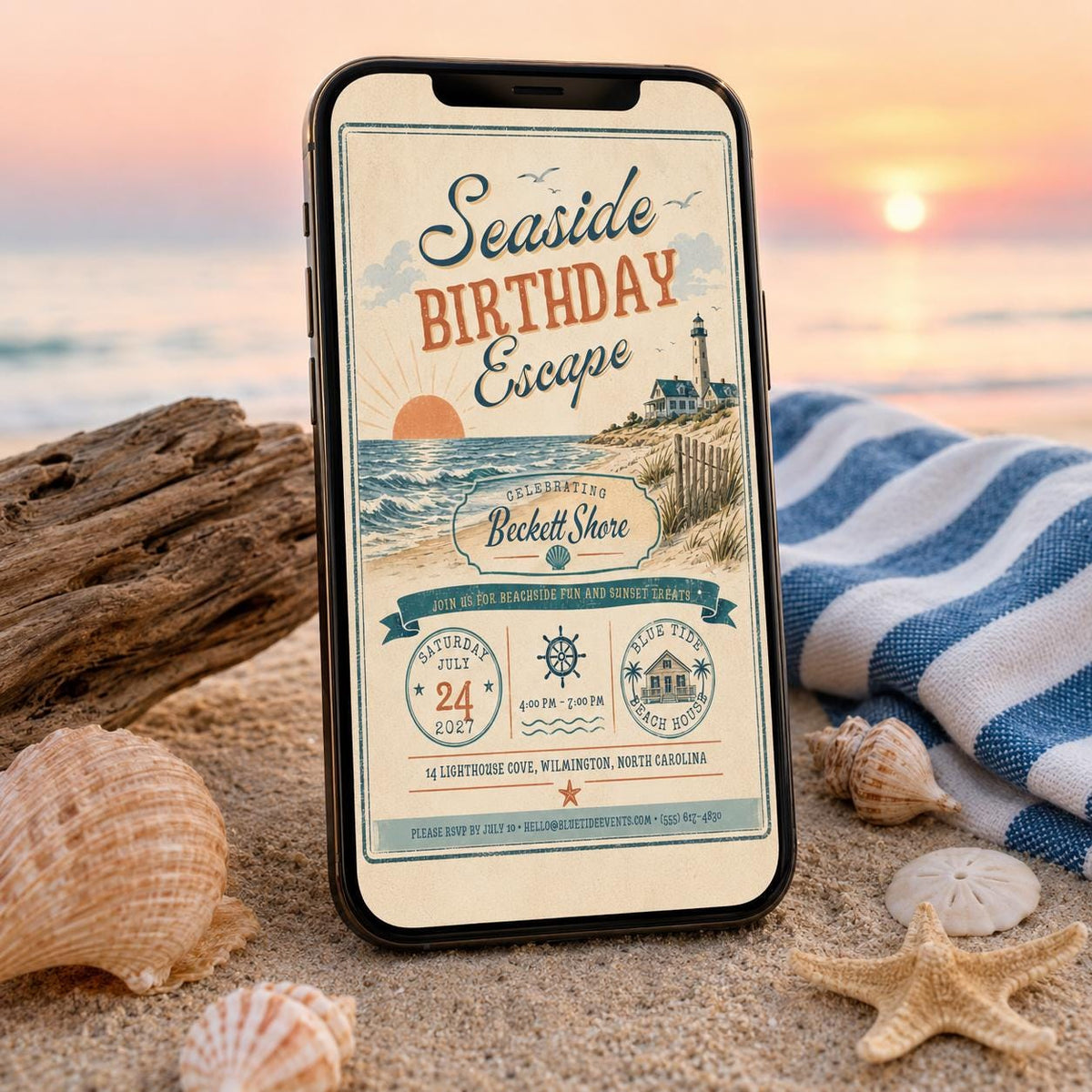 Lighthouse Beach Birthday Invitation — print-ready birthday party design from VoltBy