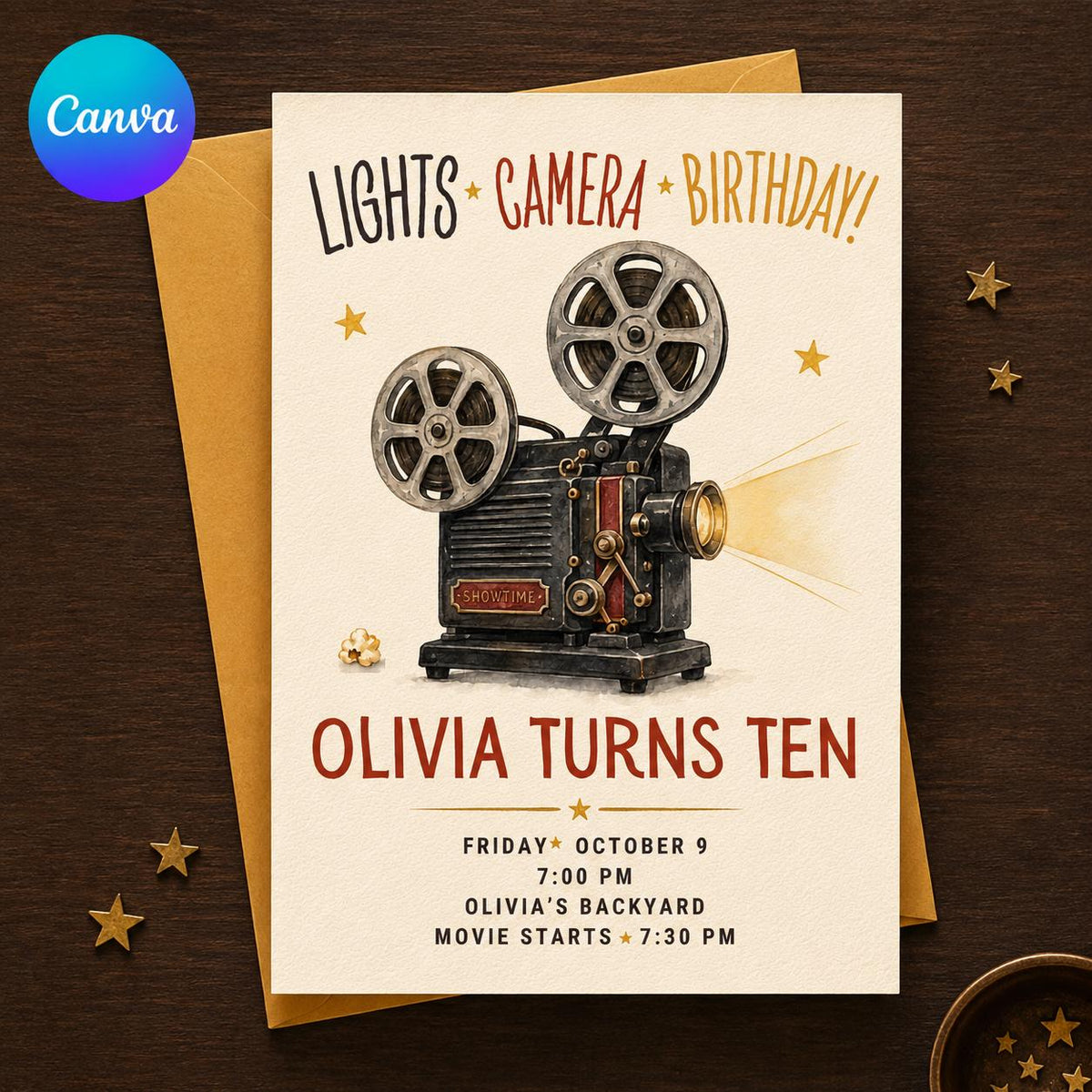 Lights Camera Birthday 10th Birthday Invitation with Vintage Projector — editable Canva template