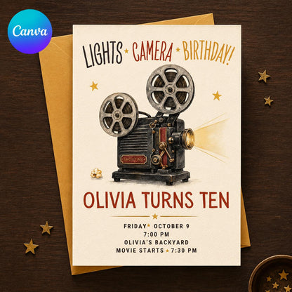 Lights Camera Birthday 10th Birthday Invitation with Vintage Projector — editable Canva template