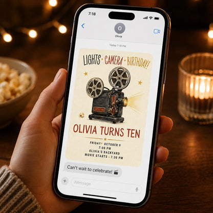 Lights Camera Birthday 10th Birthday Invitation with Vintage Projector in brown and cream