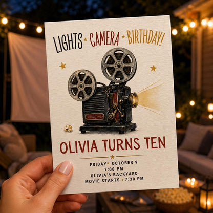 Lights Camera Birthday 10th Birthday Invitation with Vintage Projector — movie design
