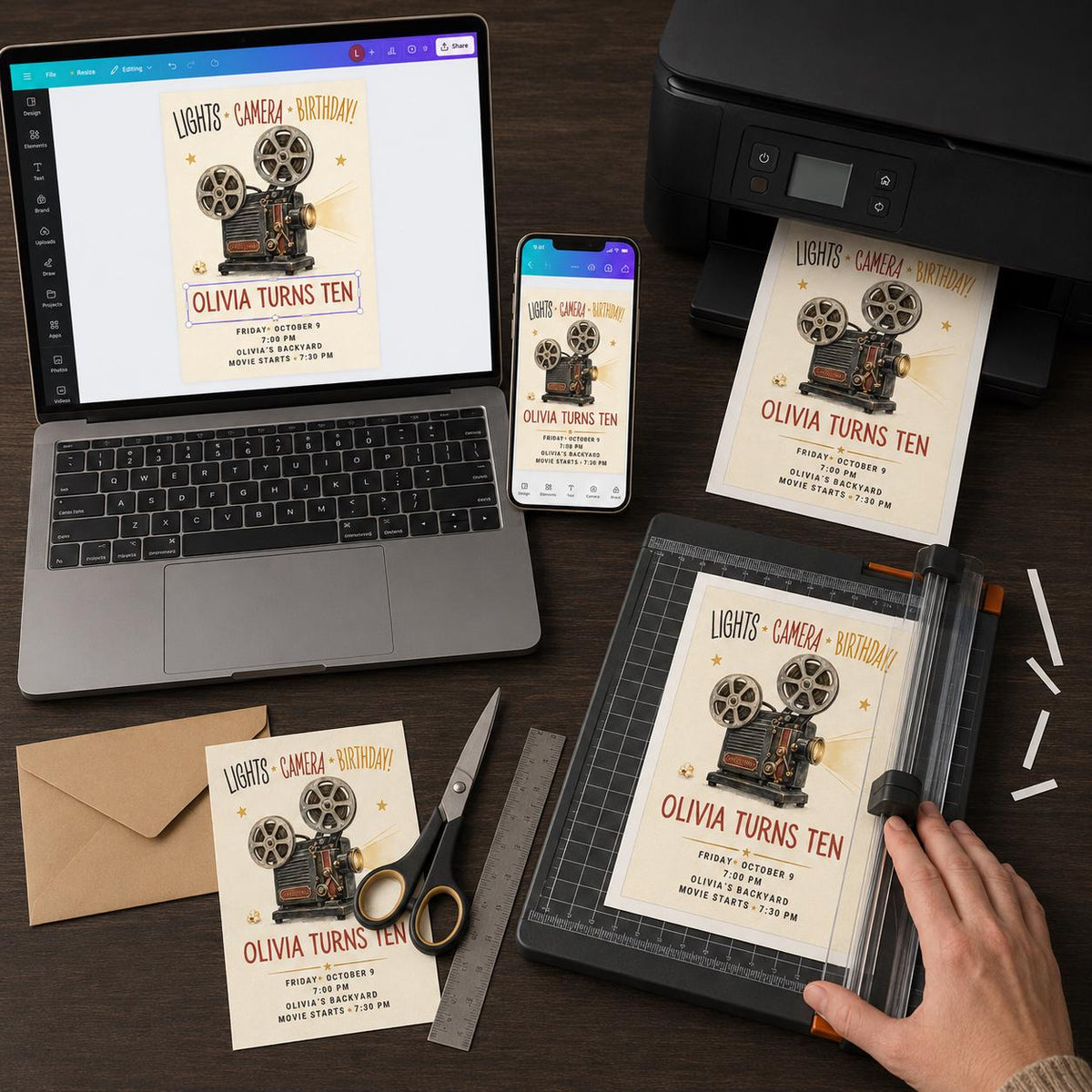 Lights Camera Birthday 10th Birthday Invitation with Vintage Projector — invitation you personalize in Canva