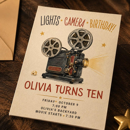 Lights Camera Birthday 10th Birthday Invitation with Vintage Projector — movie artwork in brown and cream