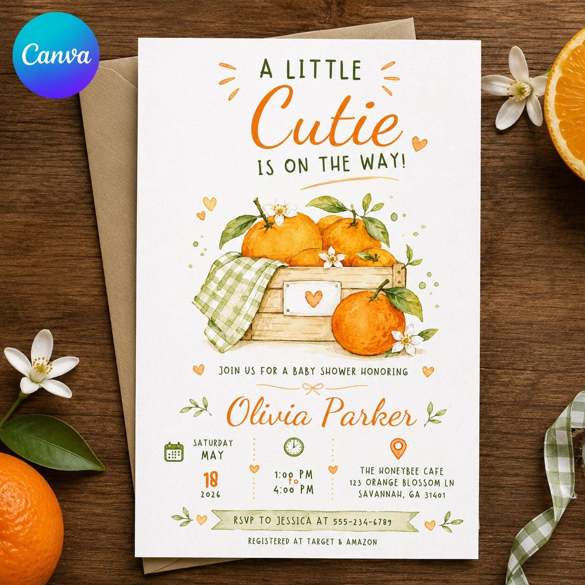 Little Cutie Orange Crate Baby Shower Invitation — editable Canva template