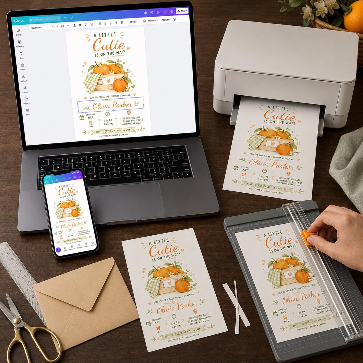 Little Cutie Orange Crate Baby Shower Invitation in cream and green