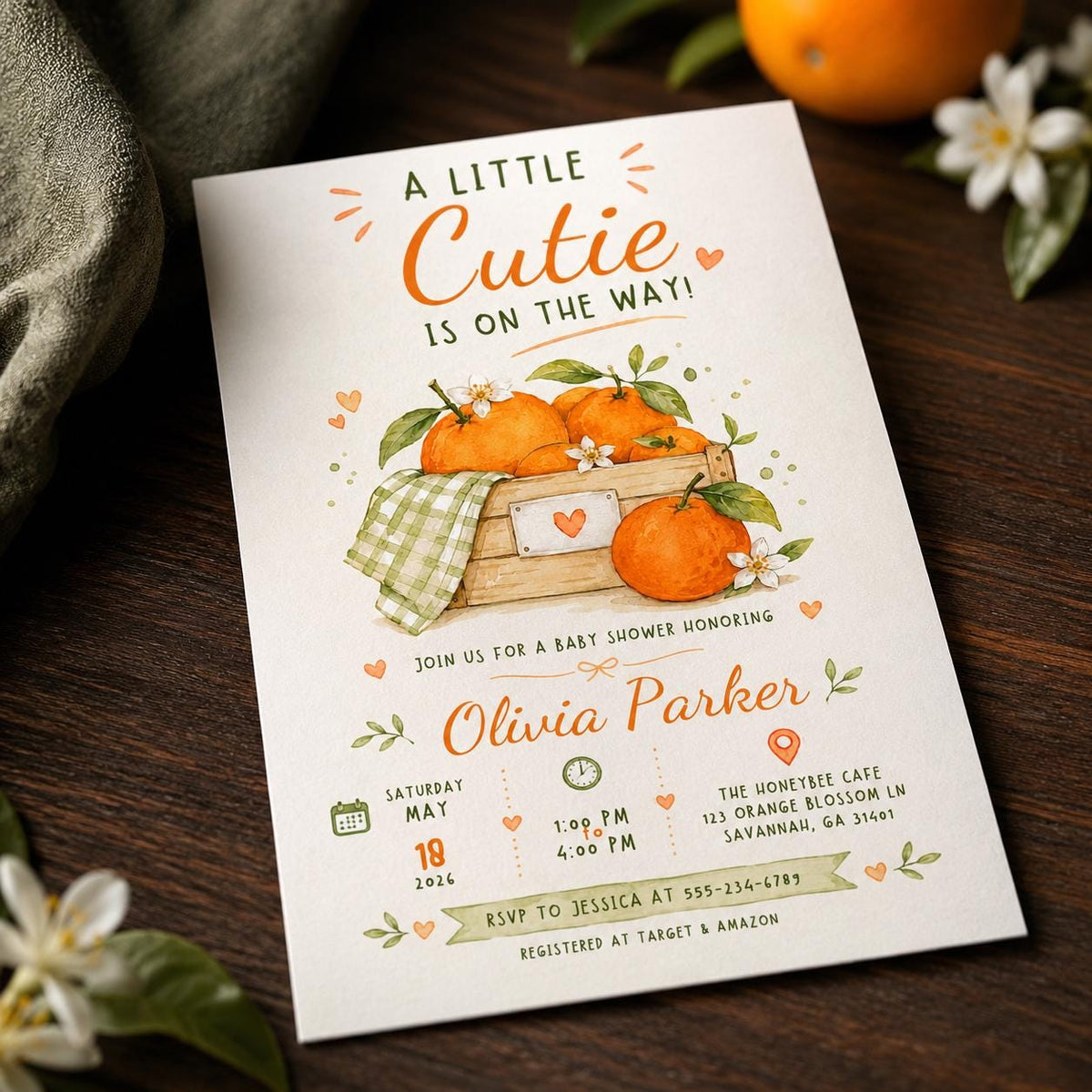 Little Cutie Orange Crate Baby Shower Invitation — fruit design