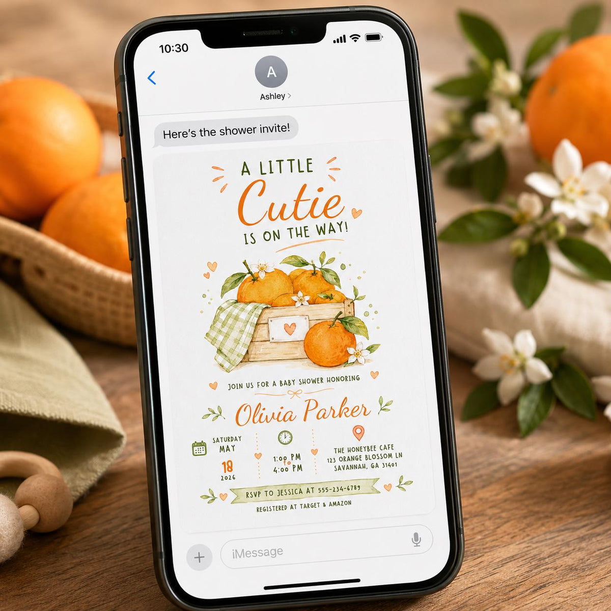 Little Cutie Orange Crate Baby Shower Invitation — invitation you personalize in Canva