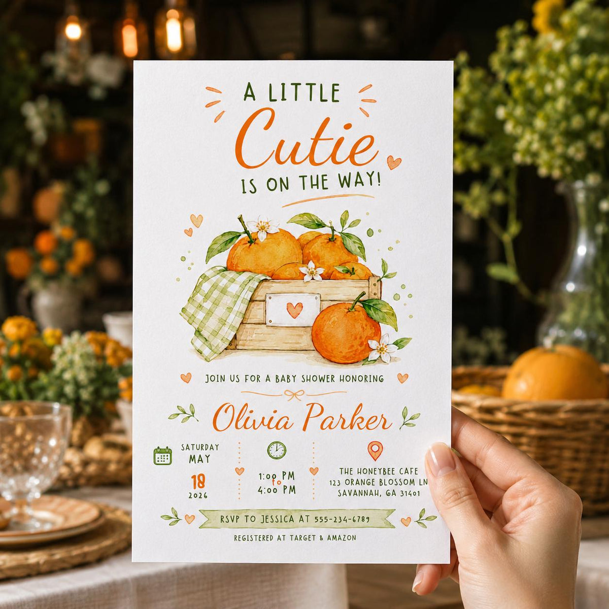 Little Cutie Orange Crate Baby Shower Invitation — gingham baby shower design