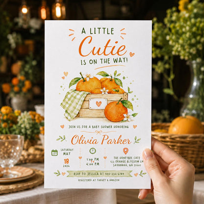 Little Cutie Orange Crate Baby Shower Invitation — gingham baby shower design