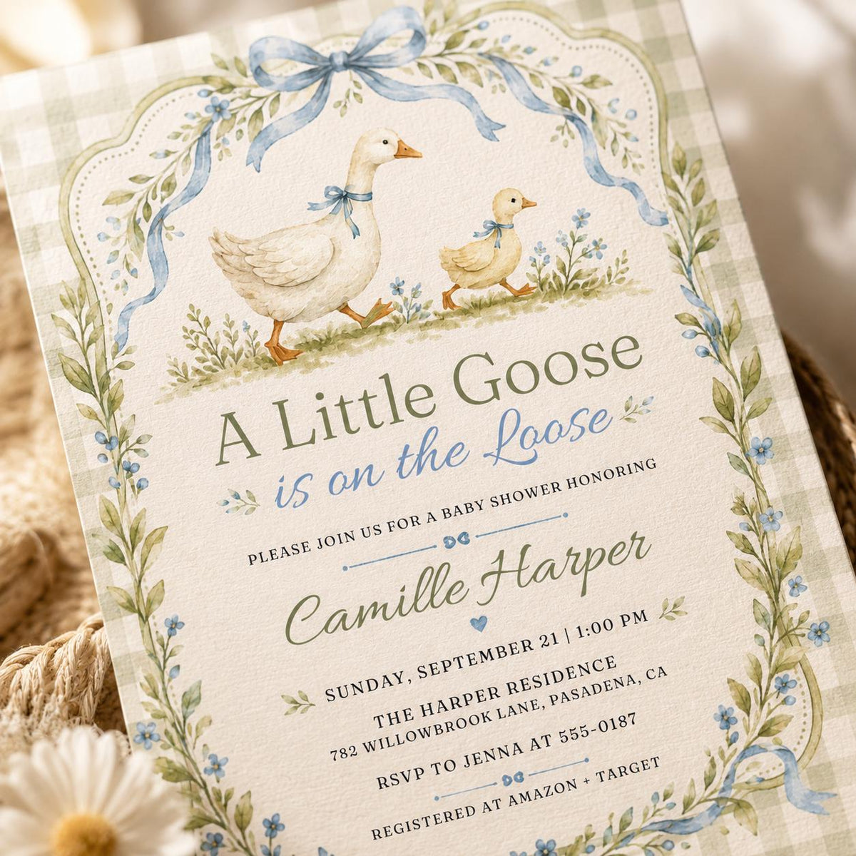 Little Goose on the Loose Gingham Baby Shower Invitation — digital invitation, instant download