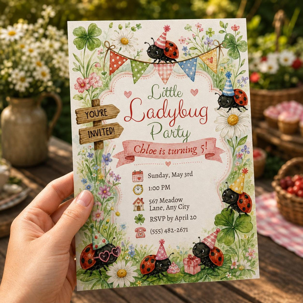 Little Ladybug Garden 5th Birthday Invitation in green and red