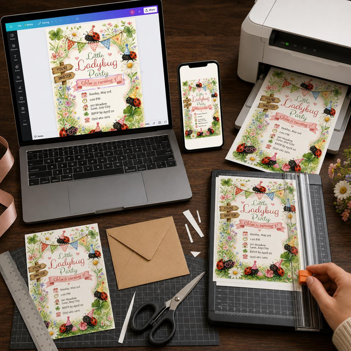 Little Ladybug Garden 5th Birthday Invitation — invitation you personalize in Canva