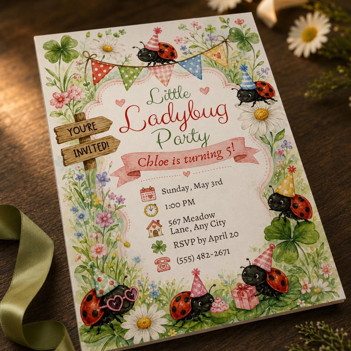 Little Ladybug Garden 5th Birthday Invitation — print-ready 5th birthday party design from VoltBy