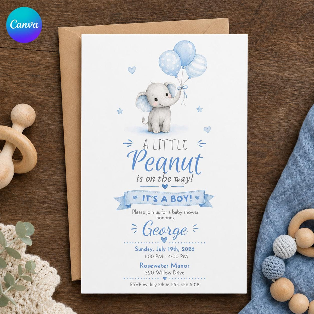 Little Peanut Blue Balloon Elephant Baby Shower Invitation — editable Canva template