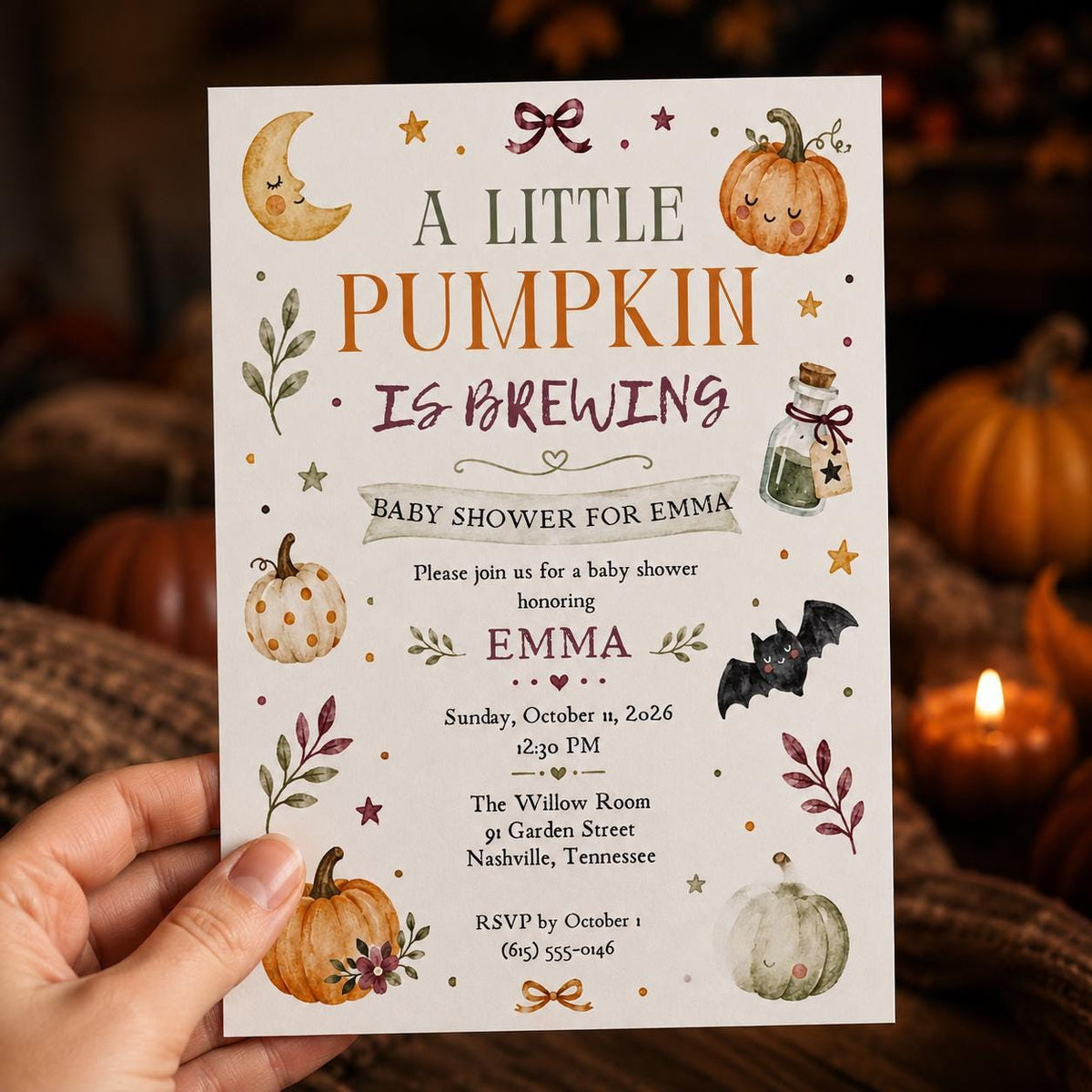 Little Pumpkin Baby Shower Invitation: A Little Pumpkin Is Brewing Fall Shower — invitation you personalize in Canva