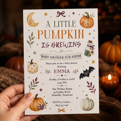 Little Pumpkin Baby Shower Invitation: A Little Pumpkin Is Brewing Fall Shower — invitation you personalize in Canva