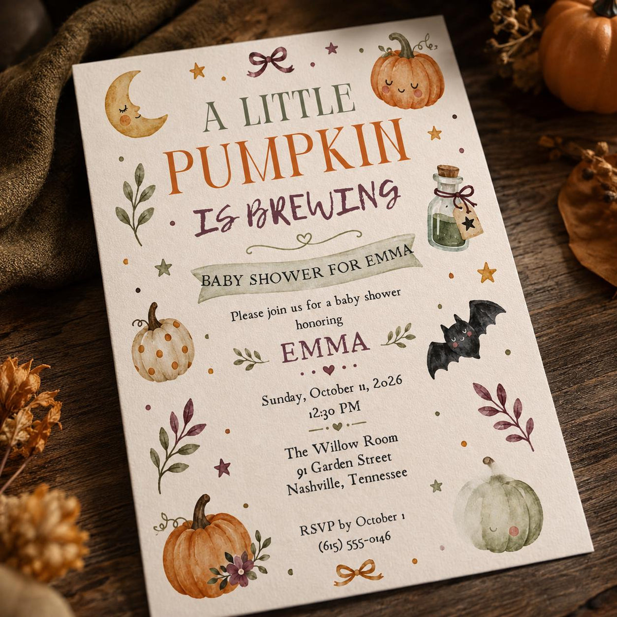 Little Pumpkin Baby Shower Invitation: A Little Pumpkin Is Brewing Fall Shower — digital invitation, instant download