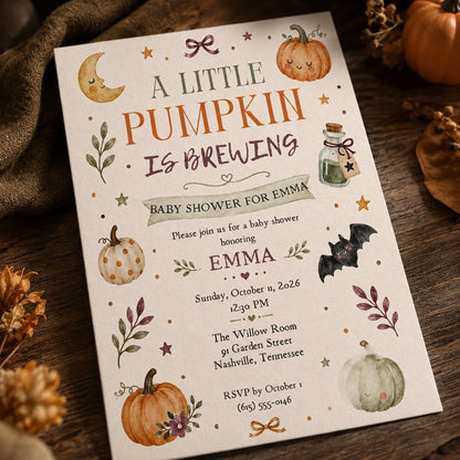 Little Pumpkin Baby Shower Invitation: A Little Pumpkin Is Brewing Fall Shower — digital invitation, instant download