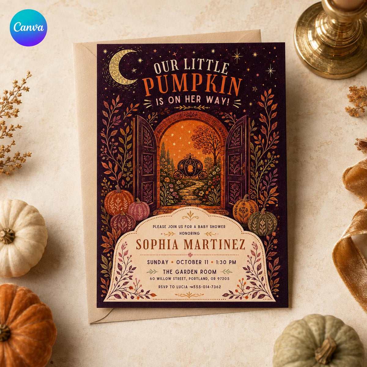 Little Pumpkin Baby Shower Invitation: Fall Autumn Pumpkin — editable Canva template