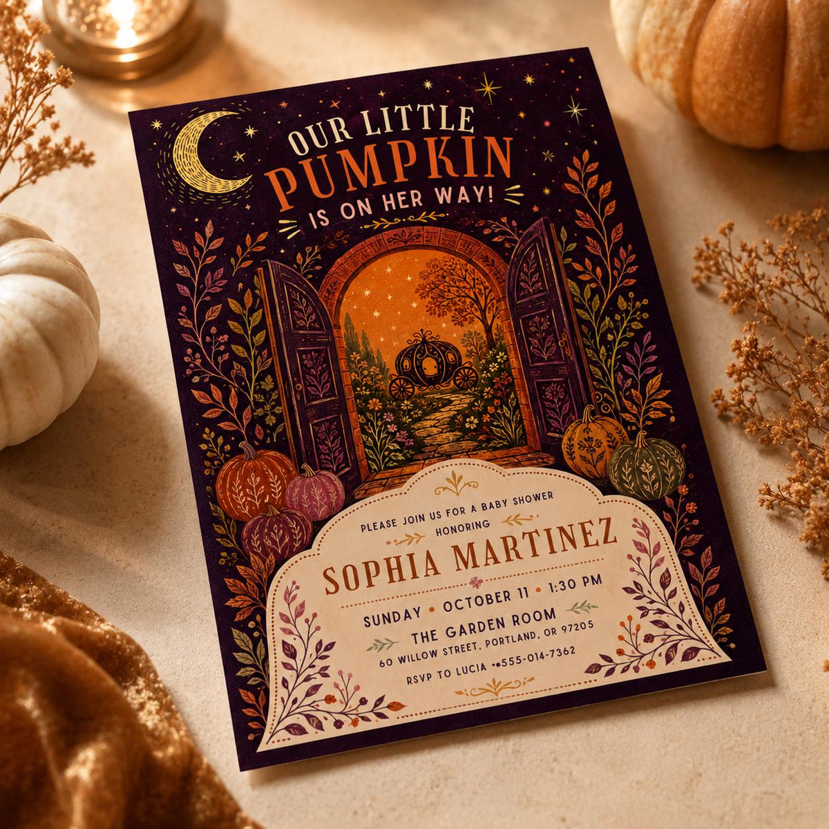 Little Pumpkin Baby Shower Invitation: Fall Autumn Pumpkin — invitation you personalize in Canva