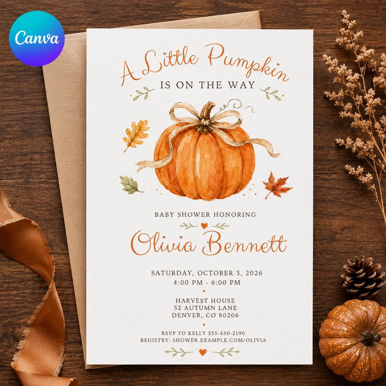 Little Pumpkin Baby Shower Invitation with Autumn Leaves
