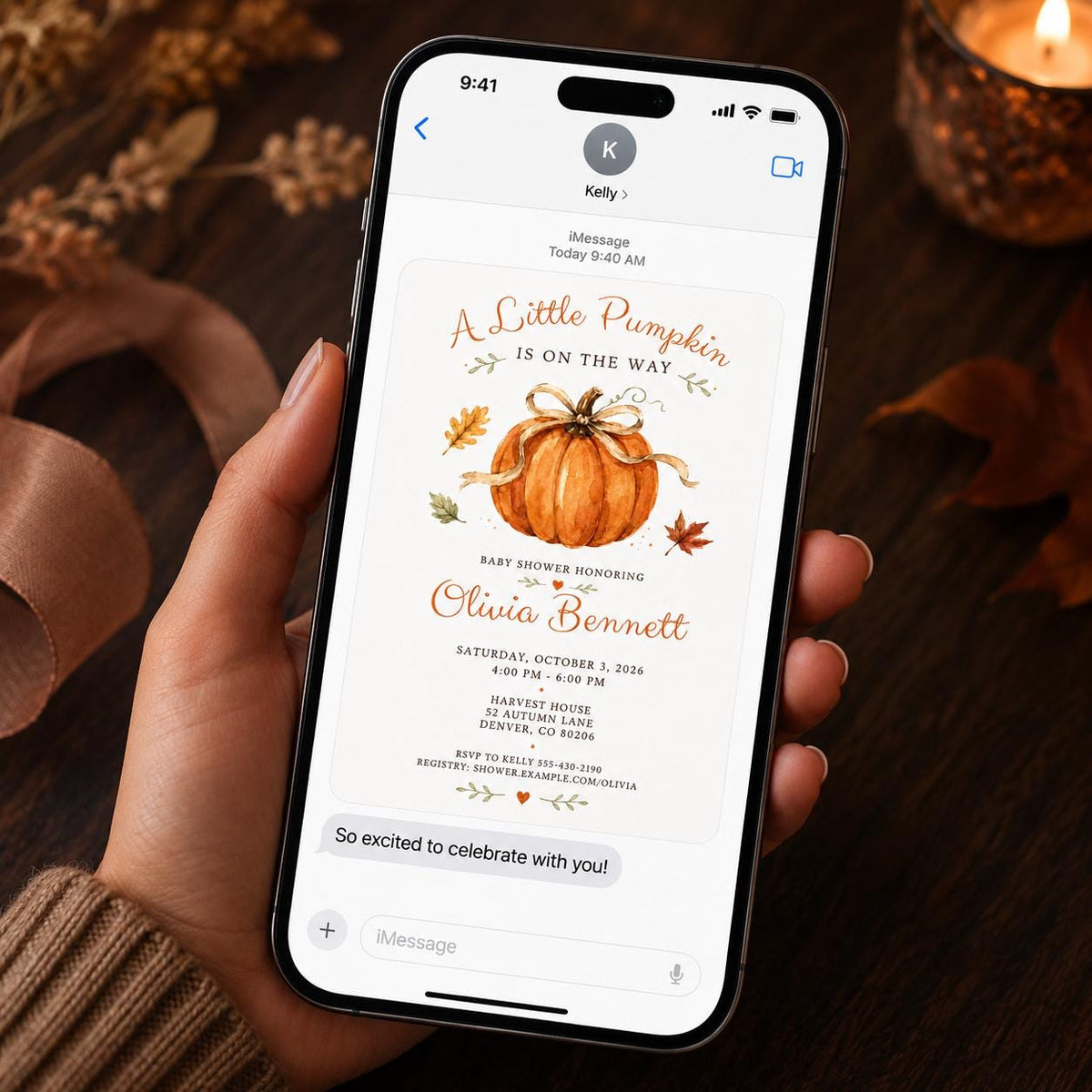 Little Pumpkin Baby Shower Invitation with Autumn Leaves in cream and green
