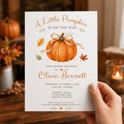 Little Pumpkin Baby Shower Invitation with Autumn Leaves — leaf design