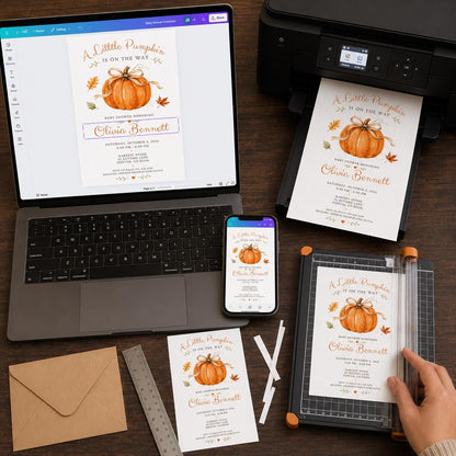 Little Pumpkin Baby Shower Invitation with Autumn Leaves — invitation you personalize in Canva