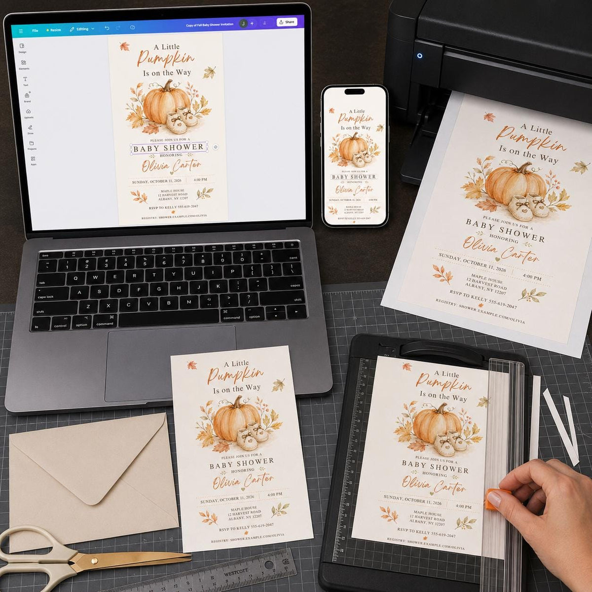 Little Pumpkin Baby Shower Invitation with Baby Booties in cream and green