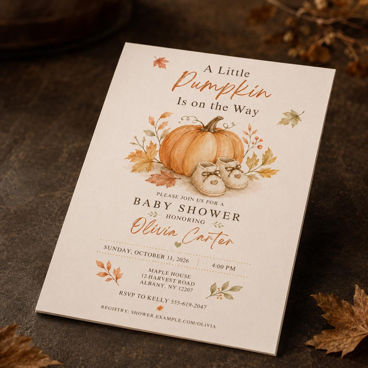 Little Pumpkin Baby Shower Invitation with Baby Booties — invitation you personalize in Canva