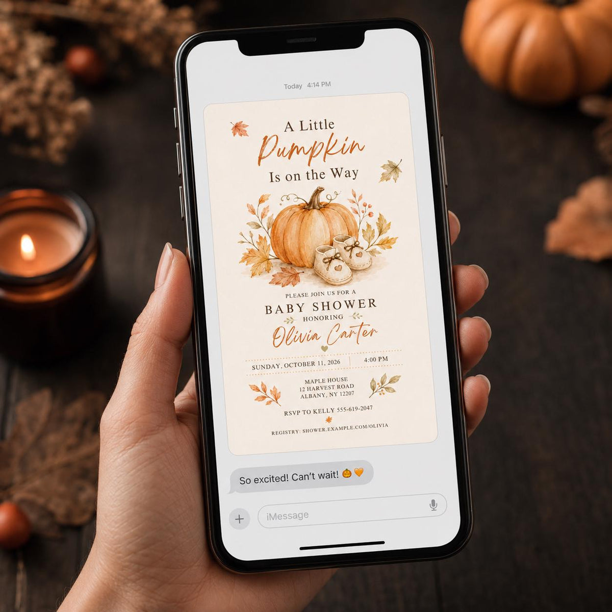 Little Pumpkin Baby Shower Invitation with Baby Booties — print-ready baby shower design from VoltBy