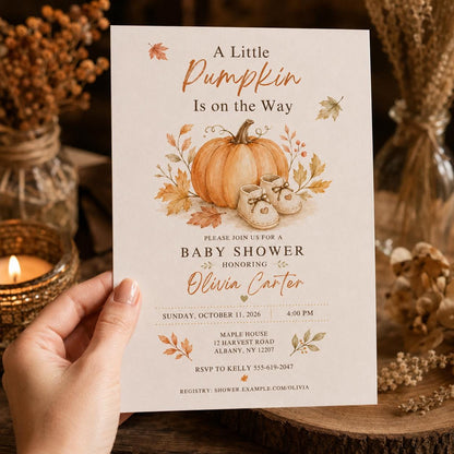 Little Pumpkin Baby Shower Invitation with Baby Booties — digital invitation, instant download
