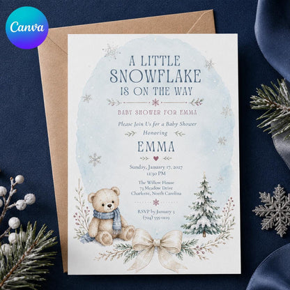 Little Snowflake Teddy Baby Shower Invitation — editable Canva template