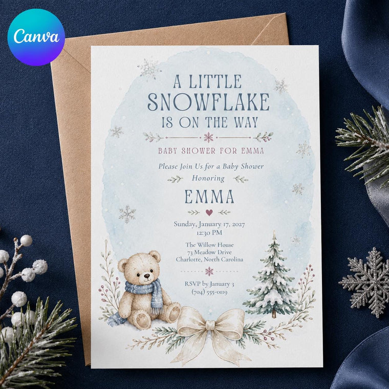 Little Snowflake Teddy Baby Shower Invitation