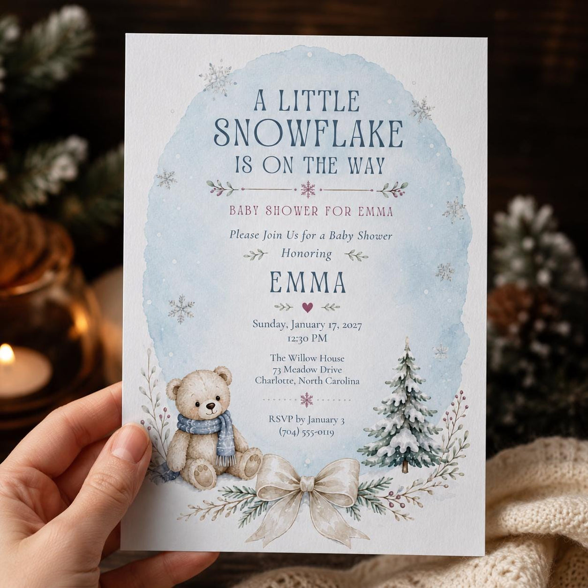 Little Snowflake Teddy Baby Shower Invitation — bow design