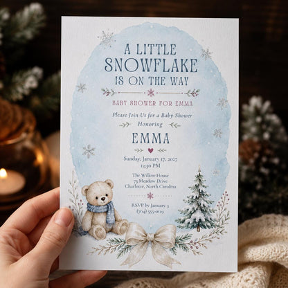 Little Snowflake Teddy Baby Shower Invitation — bow design