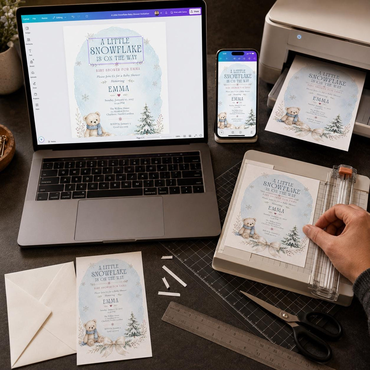 Little Snowflake Teddy Baby Shower Invitation — invitation you personalize in Canva