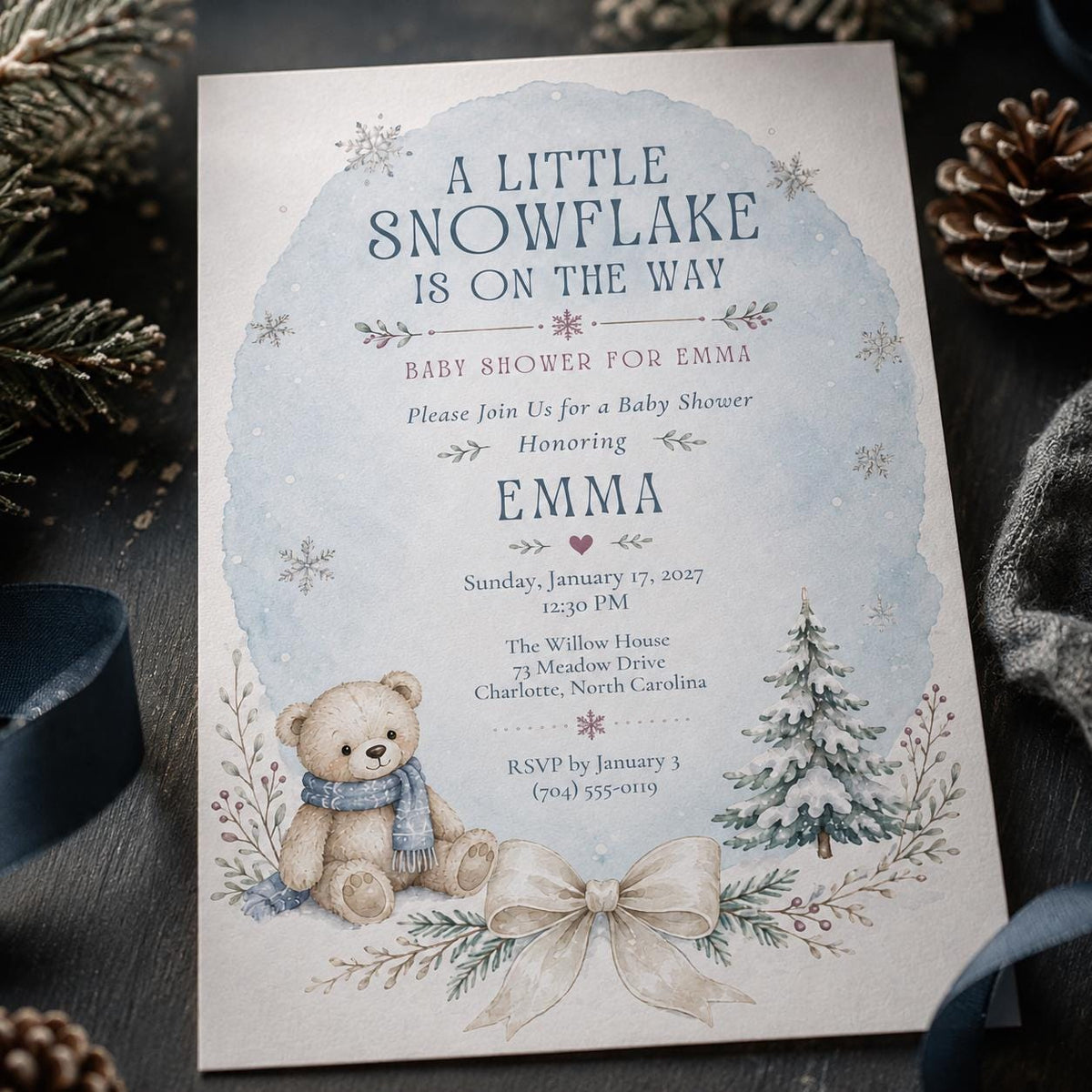 Little Snowflake Teddy Baby Shower Invitation — bow artwork in blue and brown