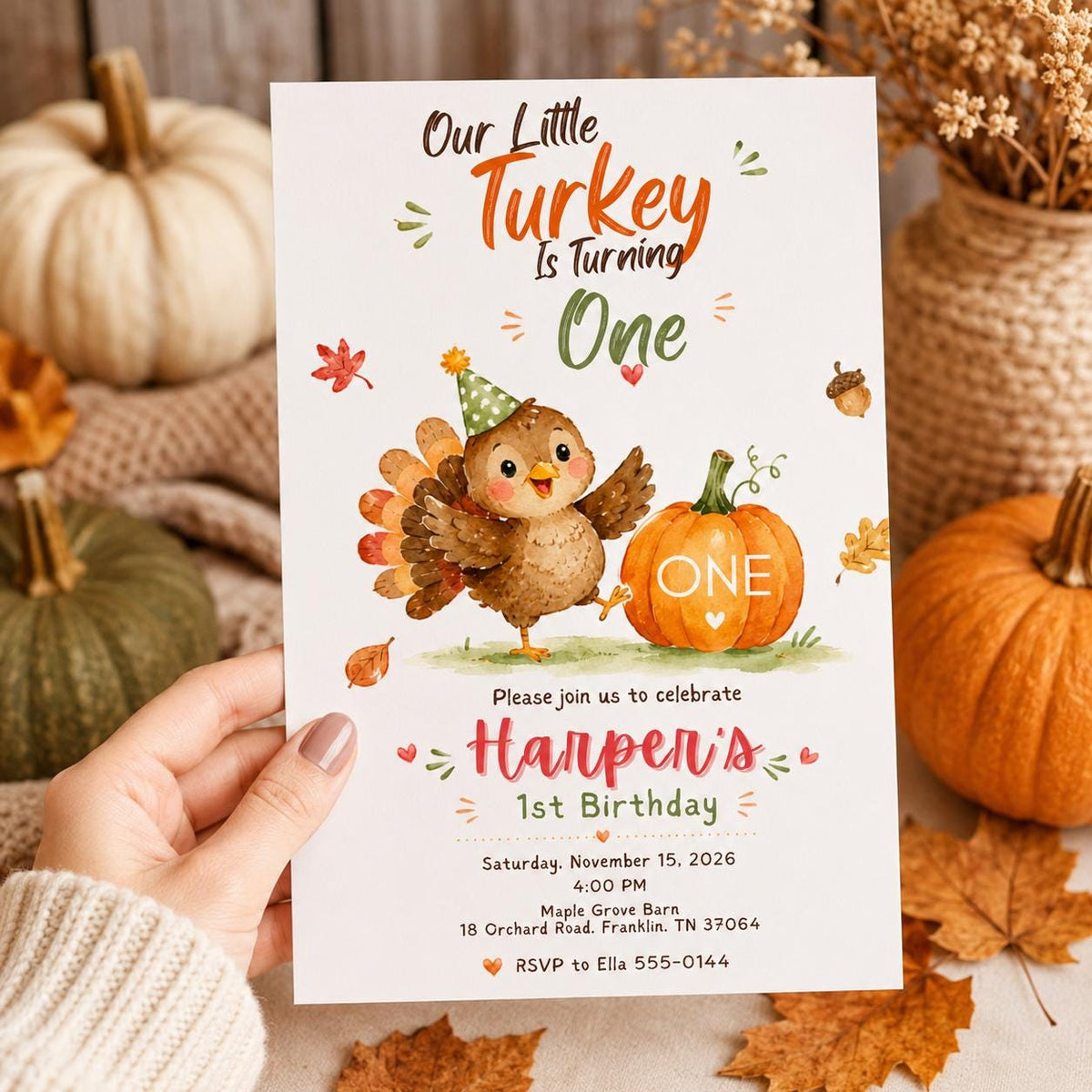 Little Turkey First Birthday Invitation — invitation you personalize in Canva