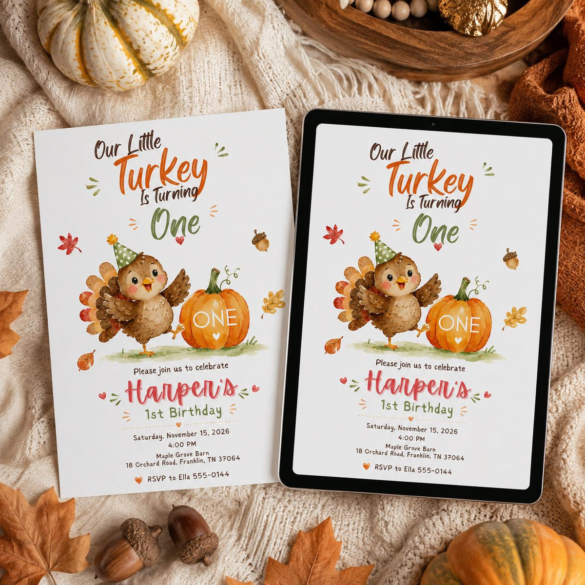 Little Turkey First Birthday Invitation — digital invitation, instant download