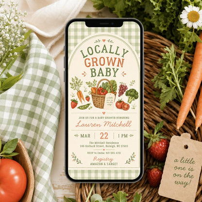 Locally Grown Baby Shower Invitation with Green Gingham — print-ready baby shower design from VoltBy