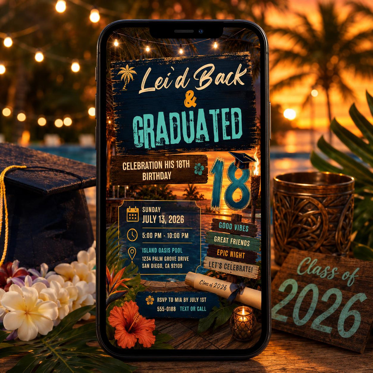 Luau Graduation Invitation — invitation you personalize in Canva